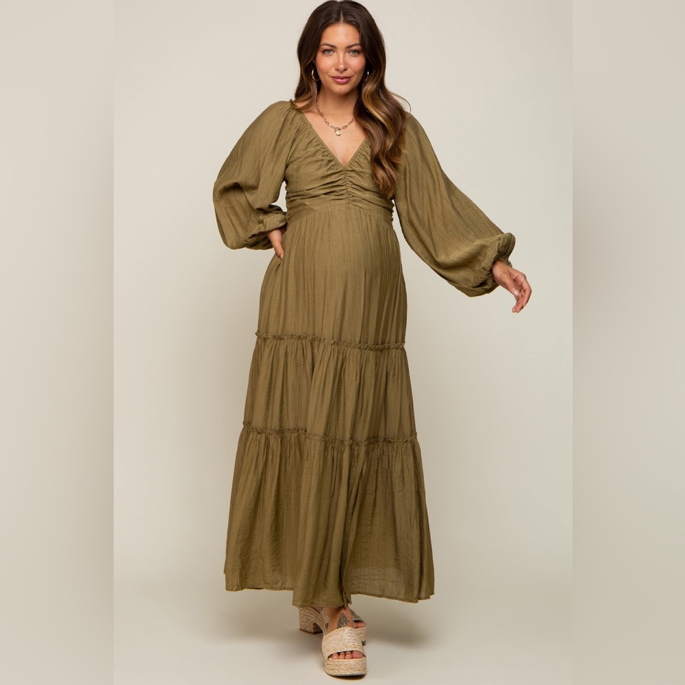 Pinkblush Olive Green Tiered Maxi Dress with Balloon Sleeves